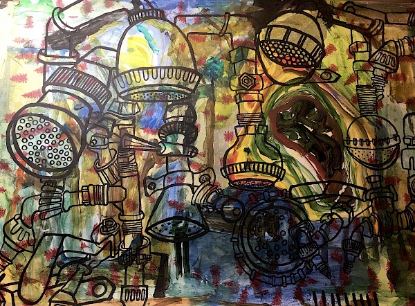 Mischtechnik, Farbe, Tinte, Papier, 70 x 50 cm, 2021